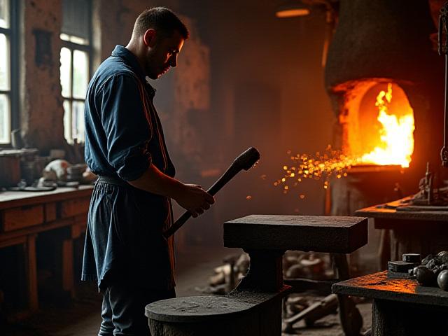 Original workshop of Shamrock Sheet Metal, showing a blacksmith at work over an anvil with traditional tools and a glow of a forge.