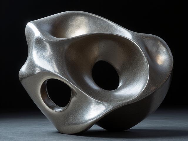 Abstract metal sculpture with flowing lines and a polished, reflective surface.