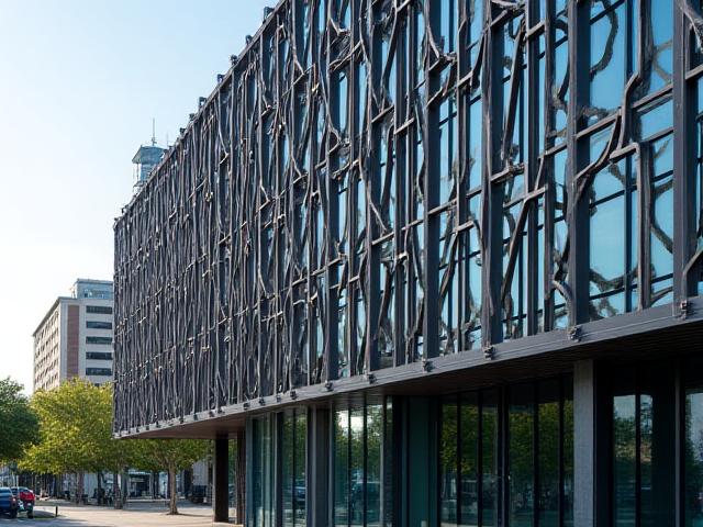 Contemporary building facade featuring intricate architectural metal detailing.