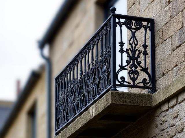 Restored historical wrought iron balcony railing on an old Irish building.