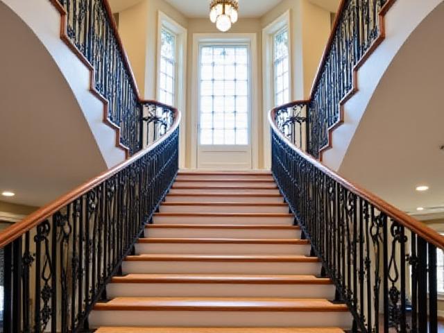 Elegant custom-designed metal staircase railings in a grand hall.
