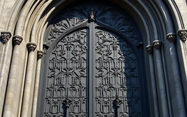 A grand, intricately designed wrought iron cathedral gate with religious motifs