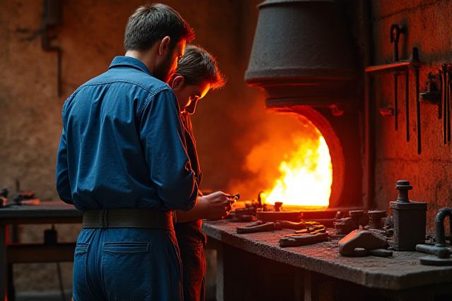 Blacksmith teaching a student at a glowing forge, with tools laid out.