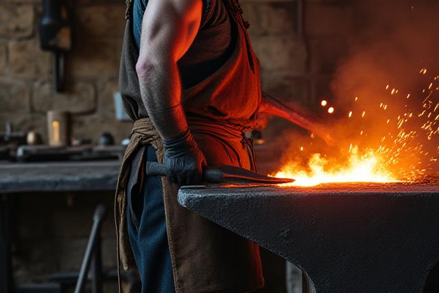 Artisan blacksmith working with metal over an anvil in a traditional workshop.